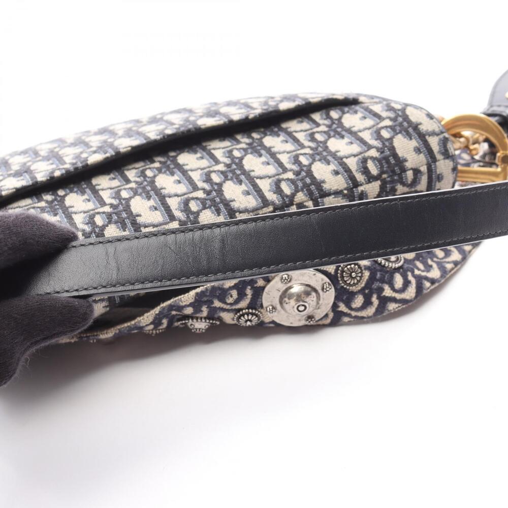 Dior Saddle Bag Oblique Jacquard Canvas Leather Handbag Beige Tan Navy Blue - Picture 6 of 8